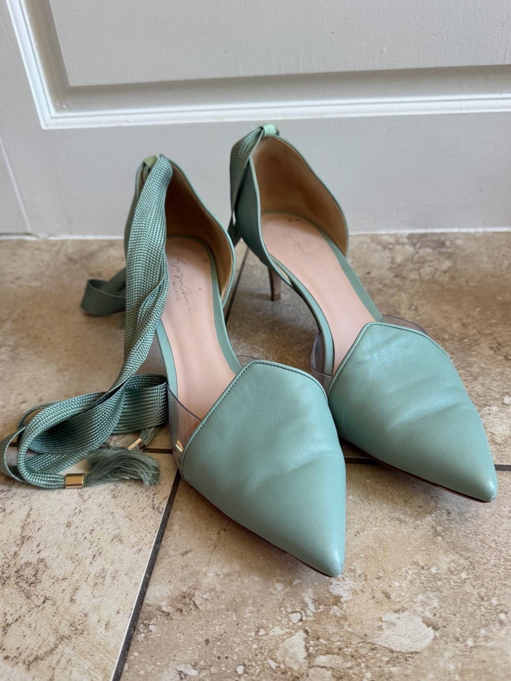 Giorgio Armani Mint Green Pointed-Toe Lace-Up Kitten Heels